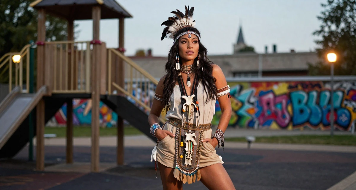 A zoned out Female From France, based in Lyon, graduated from an arts school majoring in fashion communication in their 33, exploring luxury travel and fine living, wearing a tribal shaman outfit with feathers and bones, putting hands in pockets in a school playground.