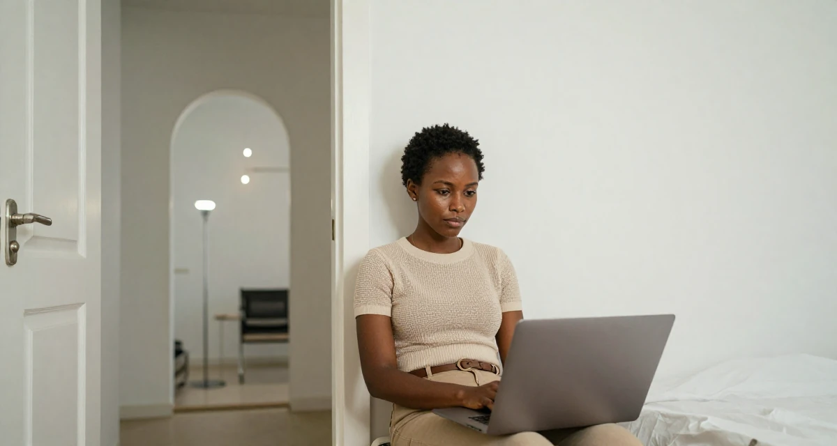 A proud and dignified Female Raised in Kenya, studied digital entrepreneurship in their 30, freelancing after a layoff, wearing a retro 90s casual vibe, leaning against a door in a minimalist bedroom.