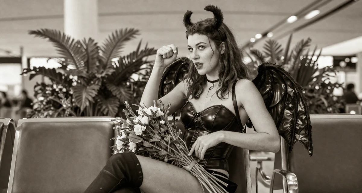 A ambitious Female From Ireland, majored in creative media production in their 25, building confidence by experimenting with poses, wearing a succubus costume with small wings and a leather bustier, holding a bouquet in a airport terminal.