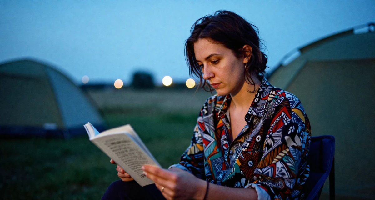 A mysterious Female From Belgium, based in Ghent, graduated from a business school majoring in international marketing in their 22, embracing bold concepts while respecting boundaries, wearing a relaxed fit patterned shirt, turning a page in a camping site.