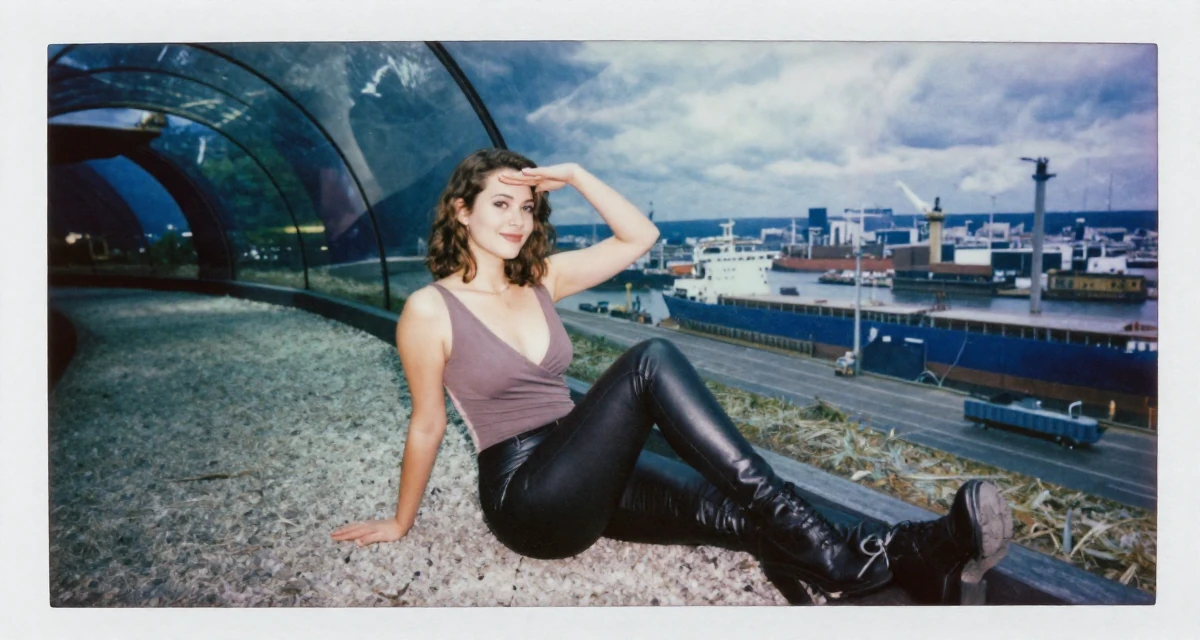 A flirty Female From Germany, studied industrial design at a technical college in their 24, managing emotional highs and lows of early adulthood, wearing a wrap-front bodysuit and leather leggings, shading eyes with a hand in a aquarium tunnel.