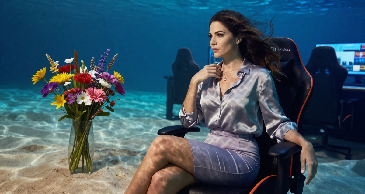 A confident and poised Female From Chile, studied commercial design in their 48, reviewing luxury travel destinations, wearing a tight pencil skirt and a tucked-in silk blouse, touching a necklace in a gaming room.