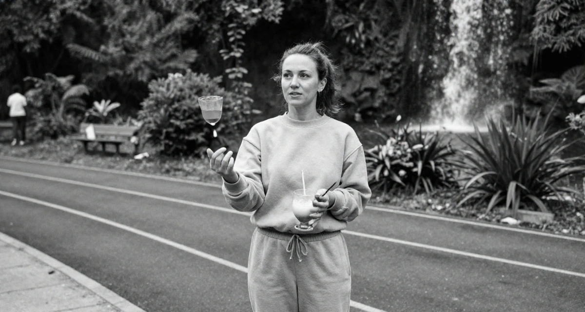 A magnetic Female From Romania, trained in multimedia design in their 25, juggling early career and side gigs, wearing a relaxed jogger and sweatshirt combo, stirring a drink in a running track.
