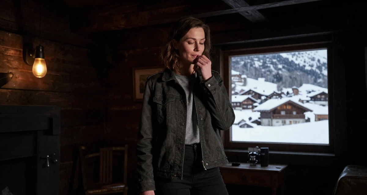 A peaceful Female From Scotland, studied game design in their 36, rebuilding after a breakup, wearing a structured jacket with casual tee, biting the lower lip softly in a rustic wooden cabin interior.