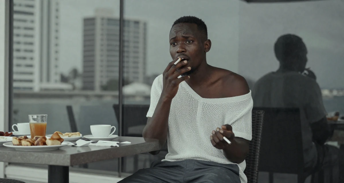 A anxious but excited male From Mombasa Kenya, practiced swimwear aesthetics in coastal campaigns in their 32, managing long-distance relationship, wearing a off-the-shoulder knit top and dress pants, holding a cigarette (lit or unlit) in a breakfast nook.