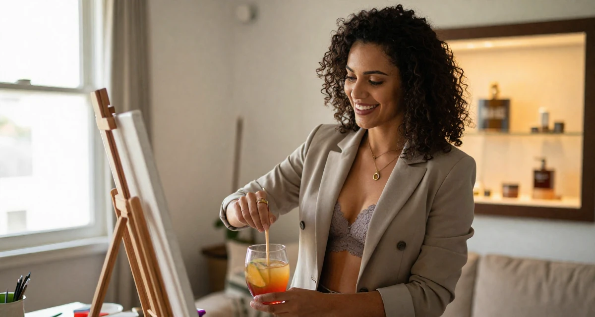 A radiant Female From Brazil, has a background in journalism in their 38, rediscovering old hobbies like painting, wearing a fitted blazer with nothing underneath but a lace bra (hinted), stirring a drink in a sunlit living room.