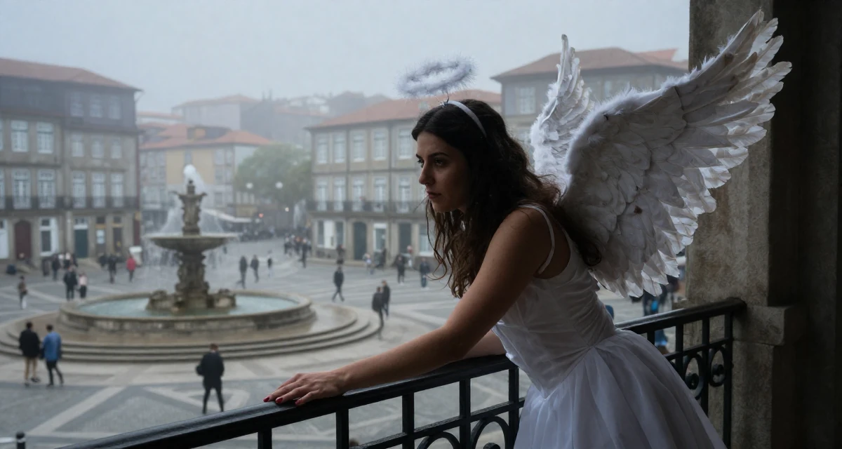 A moody Female From Porto Portugal, studied event management in their 24, exploring opportunities for self-expression, wearing a angel costume with large feathered wings and a halo, reaching for a pocket in a lecture hall.