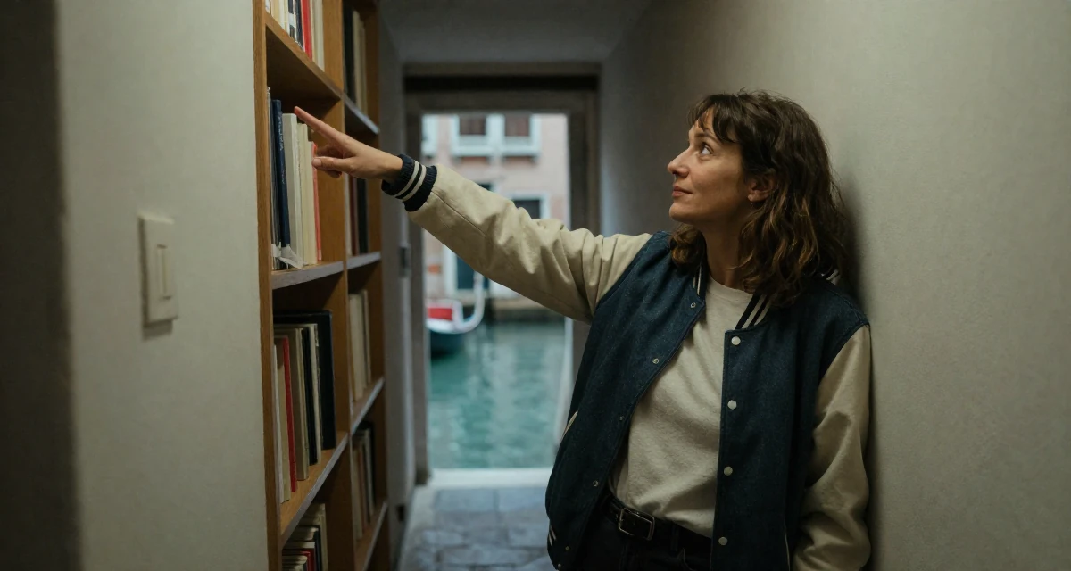 A unbothered Female From France, has a degree in art history and curating in their 60, rediscovering passions, wearing a casual varsity jacket look, pointing at something distant in a narrow hallway.