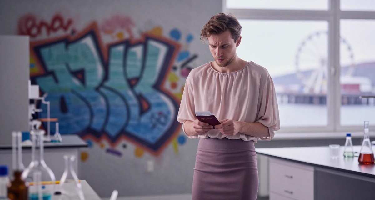 A emotionally moved male From Norway, based in Stavanger, graduated from a cultural college majoring in mood-centered photography in their 22, facing uncertainty about future stability, wearing a tight pencil skirt and a loose chiffon top, holding a passport or ticket in a science lab.