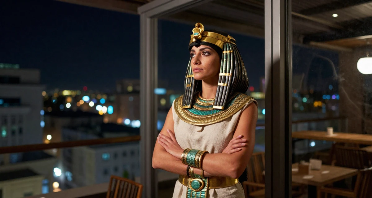 A thoughtful Female Previously a paramedic trainee, now focusing on fitness and resilience content in their 25, demanding respect in professional settings, wearing a egyptian queen costume with gold collar and linen, holding a purse tightly in a trendy coffee shop.