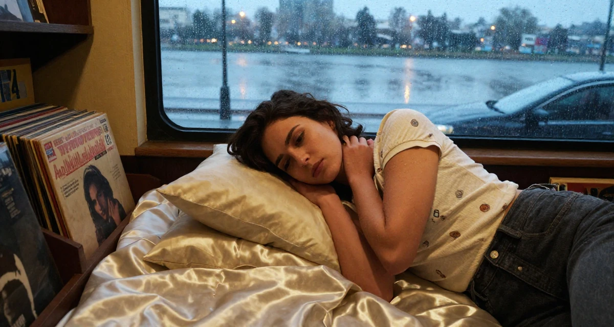 A thoughtfully silent Female From Abu Dhabi UAE, learned studio production and lighting design in their 25, focusing on deep meaningful friendships, wearing a retro 90s casual vibe, massaging the neck in a vintage record store.