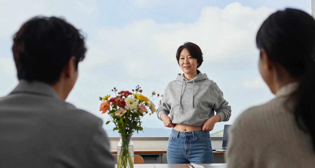 A reserved Female From Busan South Korea, majored in industrial design in their 40, defying stereotypes of aging women, wearing a cropped hoodie showing midriff and low-rise jeans, smiling at a stranger in a classroom setting.