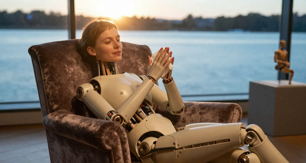 A witty Female From Kraków Poland, studied emotional choreography in contemporary dance in their 22, exploring slow, teasing video styles within comfort limits, wearing a cybernetic doll outfit with porcelain-like skin textures, wiping hands in a museum exhibit.