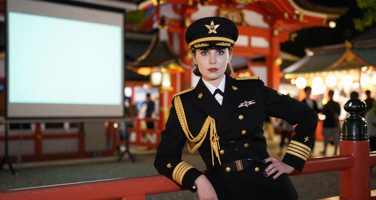 A assertive Female From Russia, studied computer science at a technical university in their 41, tech executive pivot to digital content creation, wearing a military general uniform with gold braiding and a hat, leaning on a railing in a Japanese Shinto shrine.