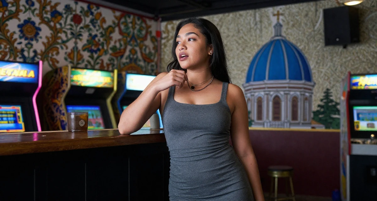 A relaxed and observant Female From Manila Philippines, learned stage presence from bar performance work in their 20, experiencing the first taste of freedom away from home, wearing a sheath dress in charcoal grey that hugs the curves, fiddling with a necklace in a arcade room with neon lights.