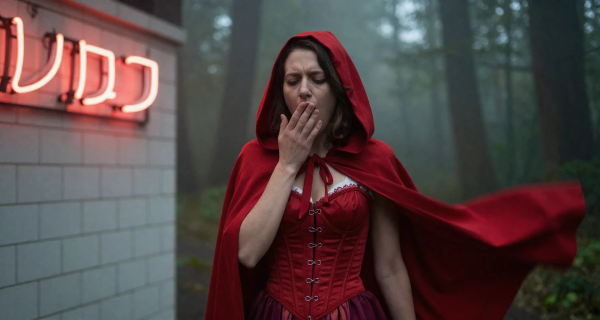 A melancholic yet beautiful Female From Rotterdam Netherlands, practiced lifestyle videography and editing in their 25, becoming more intentional with time and focus, wearing a red riding hood inspired cape and corset dress, yawning discreetly in a dense misty forest.