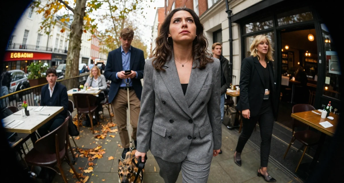 A serious Female Raised in the UK, studied marketing strategy in their 32, mentoring younger colleagues, wearing a relaxed fit suit separate, walking a dog (leash visible) in a high-end restaurant.