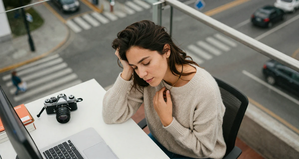 A relaxed and carefree Female From Chile, based in Valparaíso, graduated from a local institute majoring in multimedia journalism in their 25, embracing solitude and self-discovery, wearing a soft cashmere sweater worn with nothing visible underneath, touching a necklace in a messy desk.