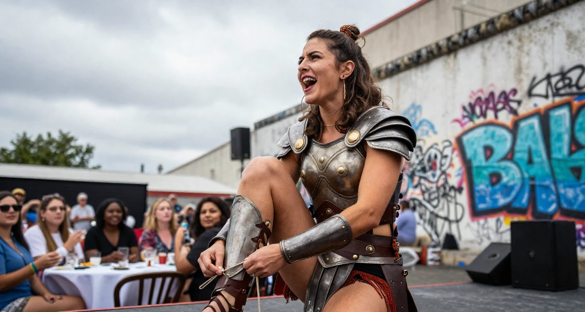 A spirited Female From Las Vegas USA, learned burlesque performance and crowd engagement in their 24, looking for meaning beyond the paycheck, wearing a gladiator armor with leather straps and a metal breastplate, tying a shoelace in a banquet hall.