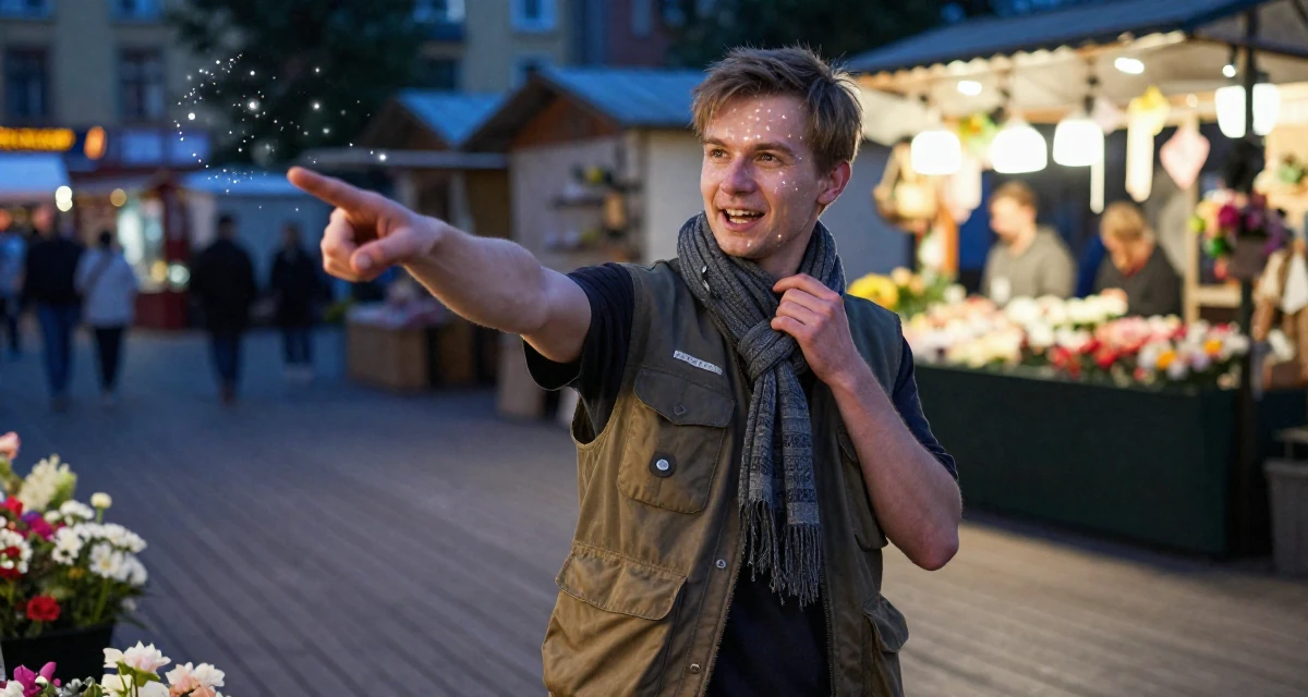 A spirited male From Moscow Russia, majored in linguistics in their 23, refining video style through trial and error, wearing a urban explorer utility vest look, adjusting a scarf in a night market stall.