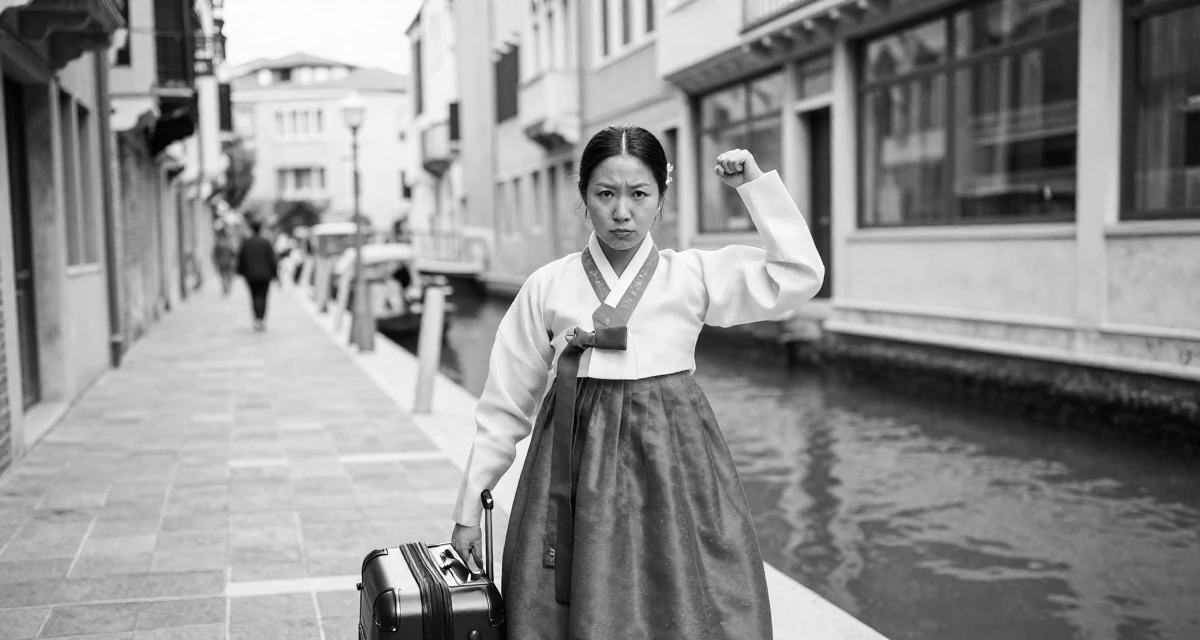 A cynical Female Once a freelance translator, now exploring multilingual creator content in their 25, evaluating whether to rebrand for better growth, wearing a traditional hanbok modified for a modern look, pulling a suitcase in a bustling city street.
