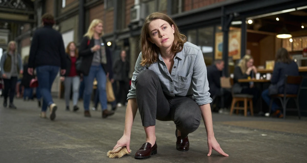 A dazed Female From UK, has a background in history and archaeology in their 23, experimenting with soft teasing videos, wearing a polished loafer and trousers look, brushing off dust in a industrial loft.