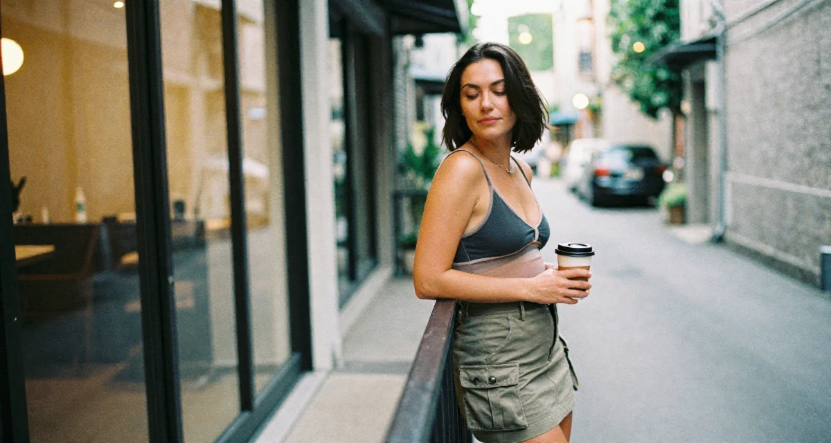 A contented Female Former receptionist at a spa, now blending wellness with creator content in their 38, handling long working hours with discipline, wearing a layered mesh top and cargo mini skirt, holding a cup of coffee in a quiet alleyway.