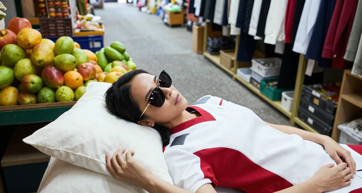 A inspired Female From Hong Kong, based in Tsim Sha Tsui, graduated from a creative institute majoring in seductive editorial styling in their 45, focusing on mental clarity and meditation, wearing a futuristic medic uniform with white and red details, lowering sunglasses to look out in a walk-in closet.