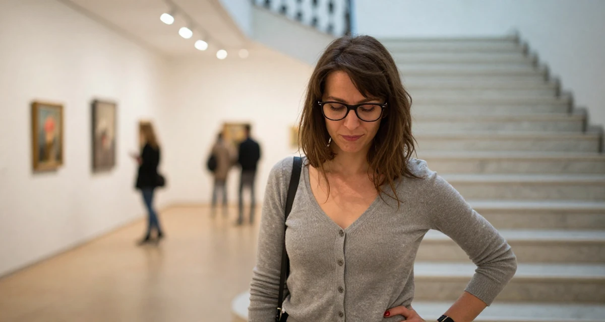 A witty Female From Hungary, majored in communication strategy in their 37, establishing authority in a niche market, wearing a librarian outfit with glasses and a tight cardigan, looking down at the ground shyly in a art gallery.