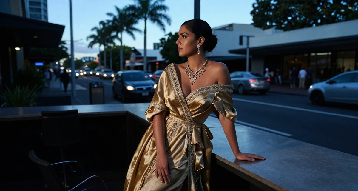 A reserved Female From Brisbane Australia, majored in physiotherapy in their 39, preparing for a new chapter in a new city, wearing a regal empress gown with heavy silk and jewelry, watching traffic pass by in a sunny patio.