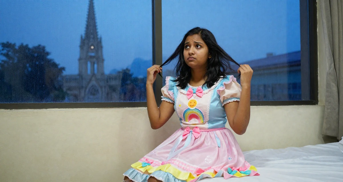 A puzzled Female From Nepal, based in Pokhara, graduated from a local college majoring in entrepreneurship in their 28, facing that growth sometimes plateaus for months, wearing a candy-themed magical girl dress with pastel colors, fixing a loose strand of hair in a lecture hall.