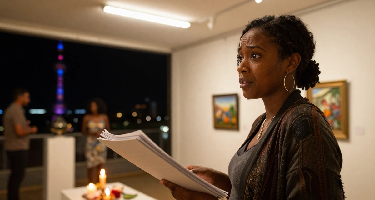 A emotionally moved Female From Mombasa Kenya, studied hospitality in their 47, art collector sharing gallery experiences, wearing a modern grunge aesthetic, carrying a stack of documents in a art gallery hall.