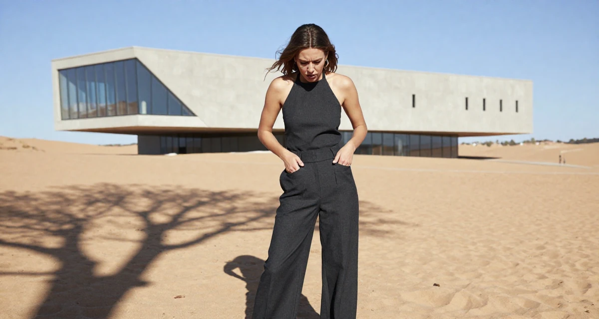 A emotional Female From Finland, studied applied linguistics in their 25, calculating every purchase because income is unstable, wearing a halter neck top and wide-leg office trousers, reaching for a pocket in a desert landscape.