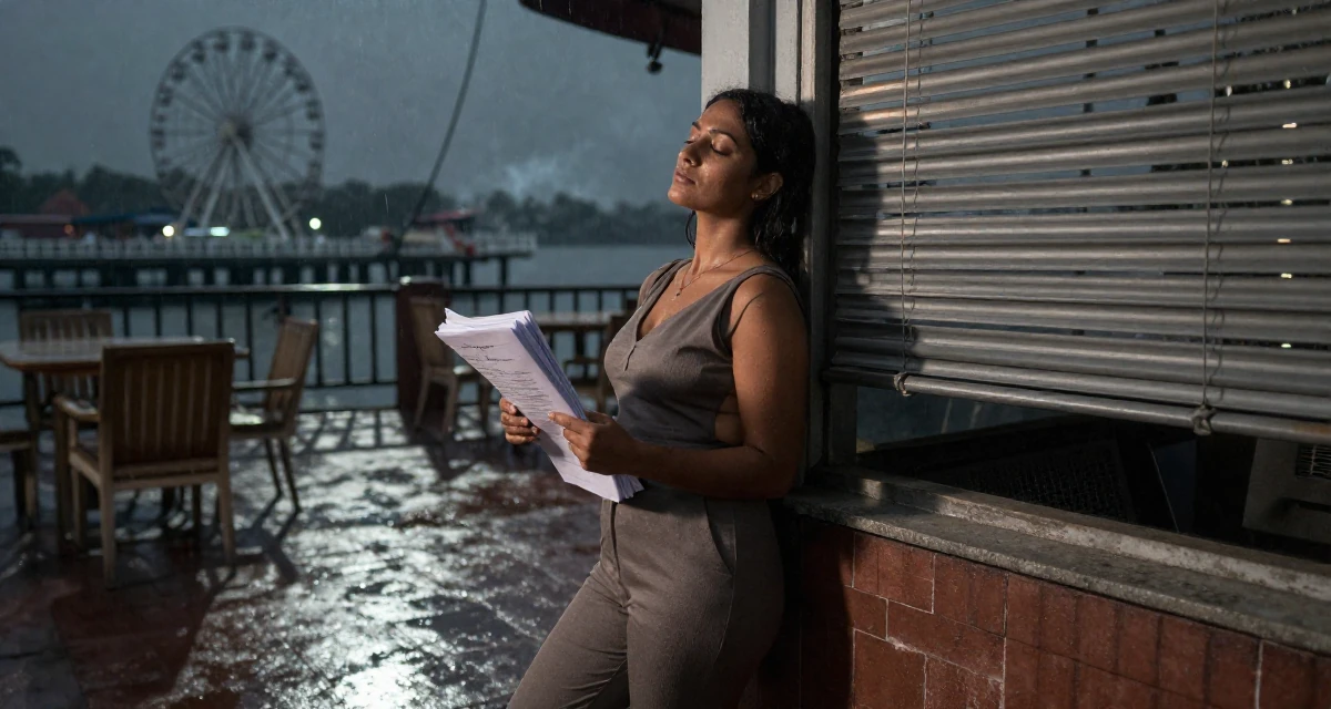 A calm Female From Sri Lanka, based in Kandy, graduated from a regional institute majoring in advertising in their 35, sharing the journey of learning a new language, wearing a fitted jumpsuit with an open back design, carrying a stack of documents in a pedestrian plaza.