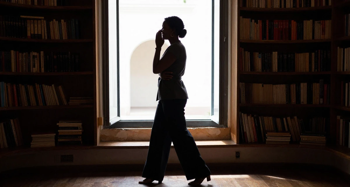 A deeply thinking Female From Mali, majored in agricultural management in their 30, prioritizing quality over quantity in friendships, wearing a fitted waist coat and wide leg trousers, covering a laugh with one hand in a cozy reading nook by a window.