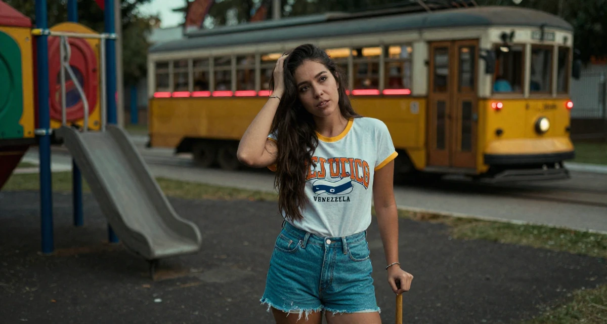 A mysterious Female From Venezuela, majored in public administration in their 20, experiencing the first taste of freedom away from home, wearing a retro 90s casual vibe, scratching a head lightly in a school playground.