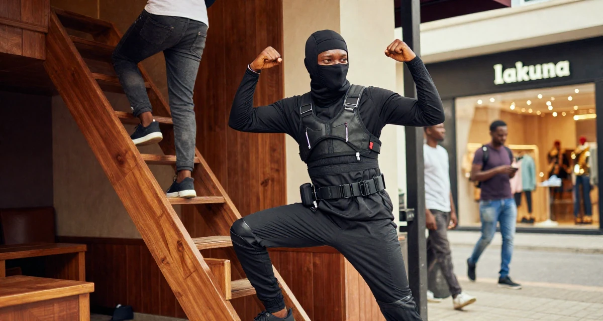 A hopeful male From Lagos Nigeria, majored in digital marketing in their 28, feeling behind while peers climb stable career ladders, wearing a tech-wear ninja outfit with a face mask, laughing softly in a cinema entrance.