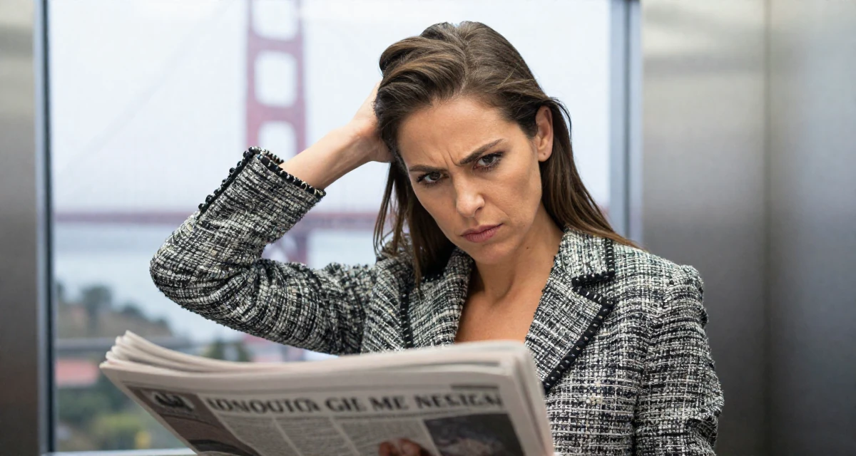 A defiant Female From Spain, majored in cultural management in their 25, strengthening personal boundaries and priorities, wearing a classic chanel style tweed suit, holding a newspaper in a corporate elevator.