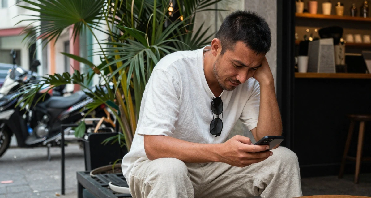 A seductive male From Mongolia, majored in history and culture in their 35, at the peak of creative energy and output, wearing a loose-fitting linen trousers, unlocking a phone screen in a coffee shop corner.