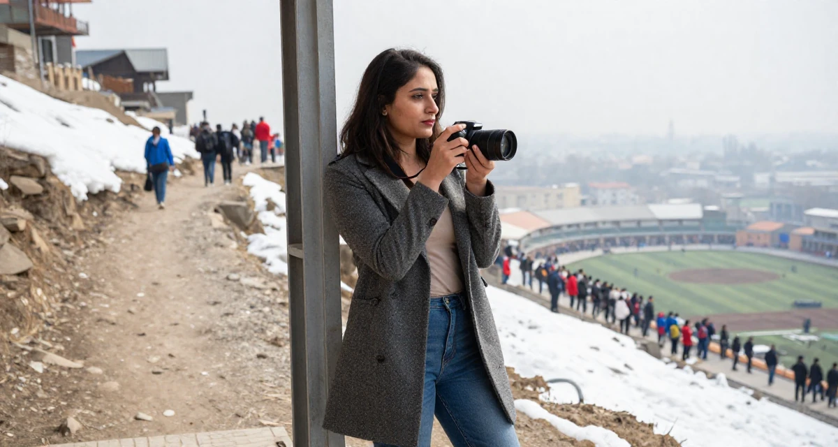 A observant Female From Pakistan, based in Lahore, graduated from a business school majoring in marketing management in their 25, wearing a tailored coat and looking sharp, wearing a simple tank top and jeans, holding a camera ready to shoot in a mountain trail.