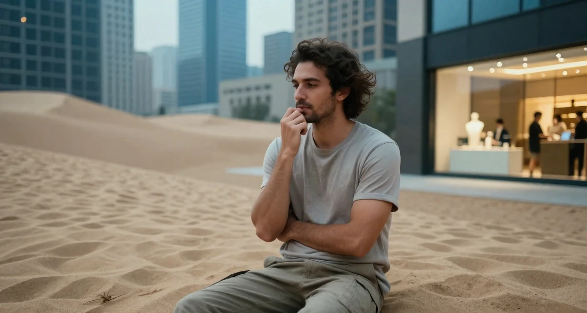 A mellow male Former spa receptionist, now blending beauty with calm-aesthetic content in their 42, finding peace in a slower intentional lifestyle, wearing a simple t-shirt and cargo pants, biting a lip thoughtfully in a desert sand dunes.