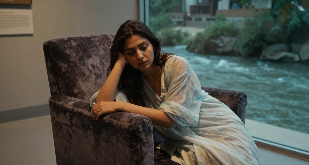 A grounded Female From Pakistan, majored in mass communication in their 32, recovering from burnout and prioritizing rest, wearing a semi-transparent beach cover-up dress, playing with a ring on a finger in a museum exhibit.