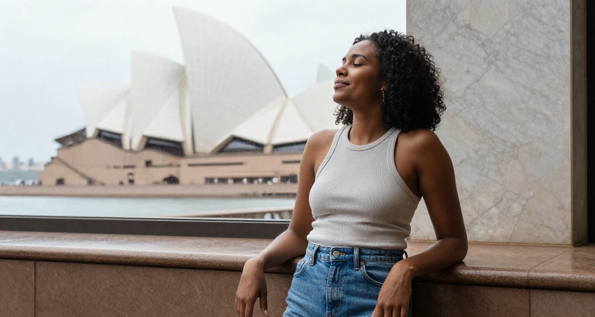 A positive Female From Mozambique, studied environmental science in their 36, rebuilding after a breakup, wearing a fitted ribbed tank top and high-waisted denim shorts, taking a deep breath in a urban street.