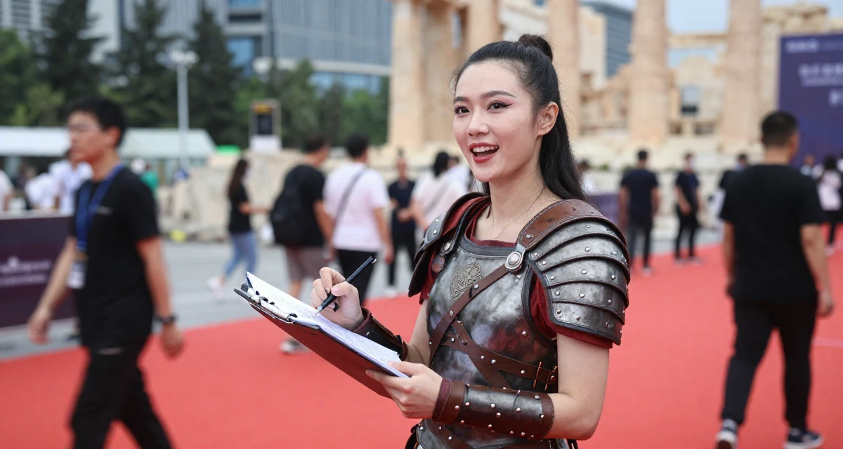 A enthusiastic Female From Shenzhen China, studied makeup artistry while modeling part-time in their 40, celebrating professional mastery and confidence, wearing a gladiator armor with leather straps and a metal breastplate, sketching on a pad in a red carpet event.