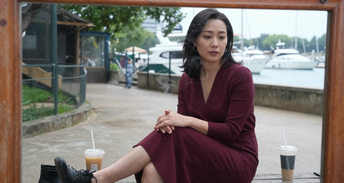 A thoughtful Female From Wuhan China, studied marketing and communications in their 45, reviewing anti-aging products with honesty, wearing a elegant wrap dress in deep burgundy, looking down at shoes in a zoo enclosure path.