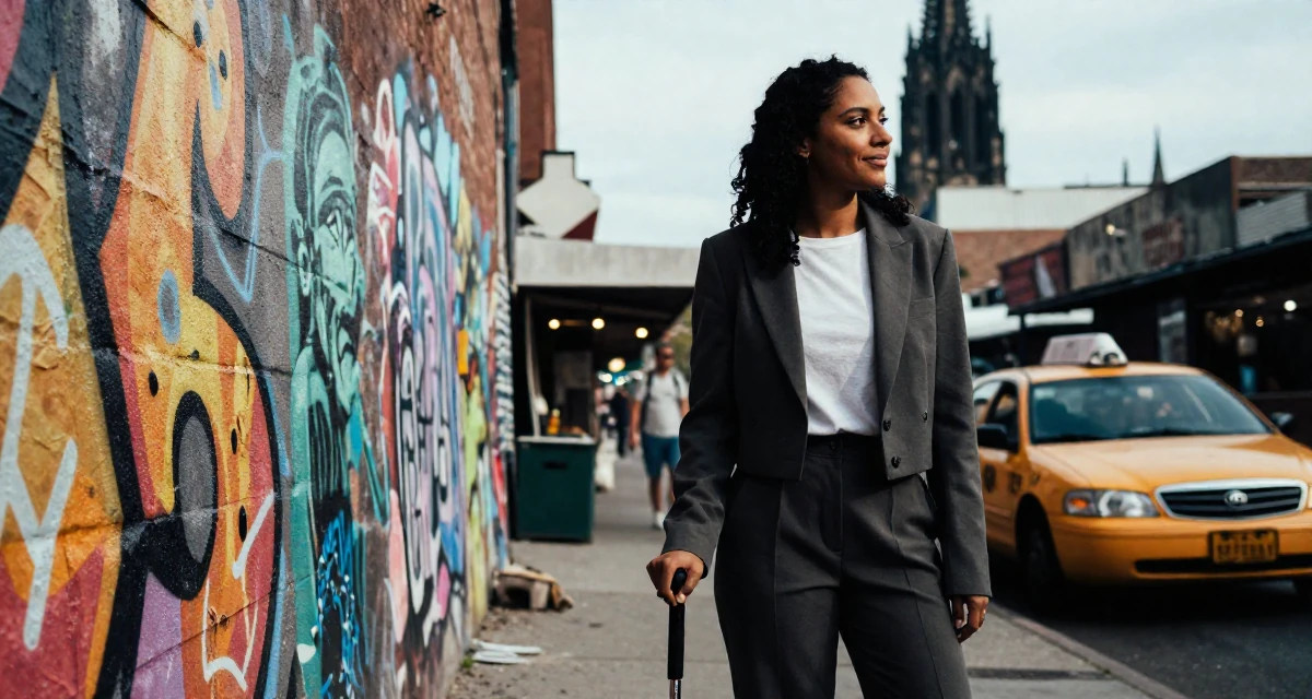 A smiling gently Female From United States, studied health science in their 25, establishing a distinct personal brand, wearing a cropped business jacket and high-waisted pants, waiting for a taxi in a graffiti art wall.