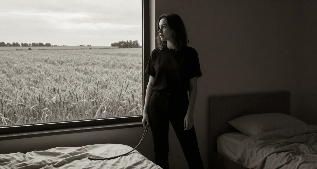 A inspired Female From Warsaw Poland, studied social psychology in their 25, trying to build an aesthetic that feels authentic, wearing a urban minimalist silhouette, holding a leash in a minimalist bedroom.