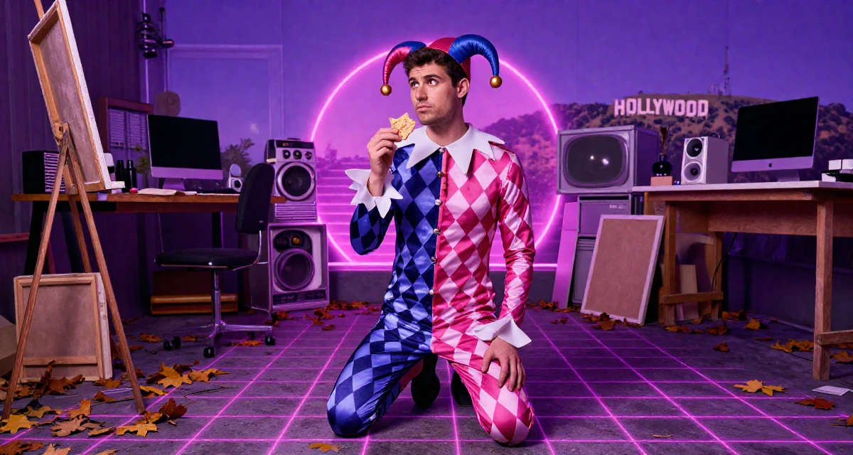 A unbothered male From USA, studied computer science but switched to arts in their 23, figuring out how to show confidence through body language, wearing a harlequin jester costume with a diamond pattern, holding a snack in a artist workshop.