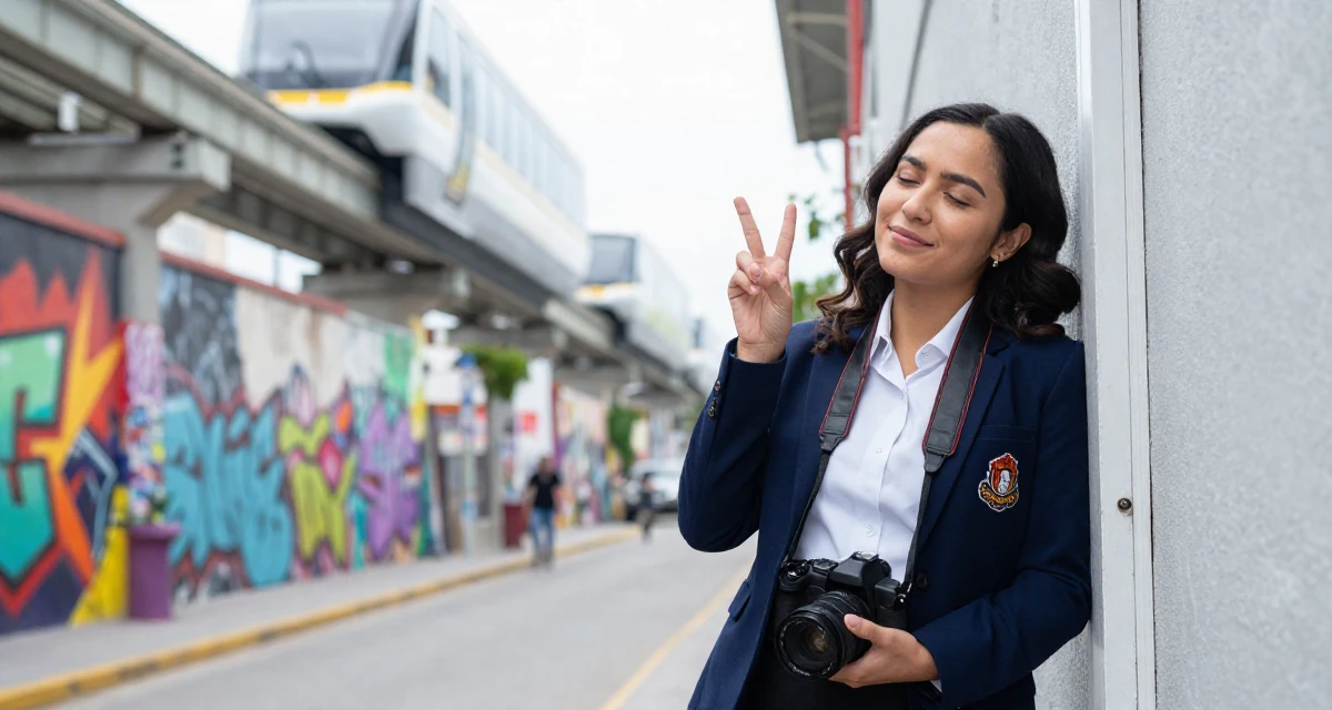 A peaceful Female From Mexico, majored in global trade in their 25, making peace with early awkward content, wearing a school council president uniform with a blazer, holding a camera in a neon-lit alleyway.