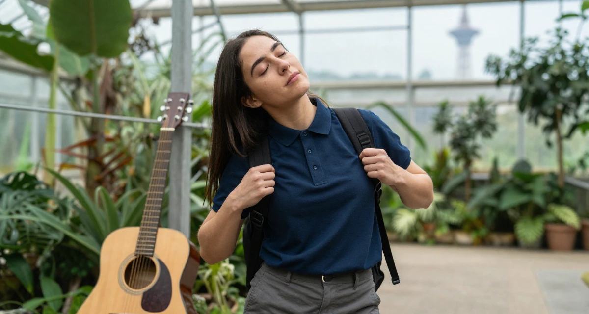A subtly confident Female Former street-dance trainee, now offering choreography-based fan content in their 23, radiating a quiet determination to succeed, wearing a smart polo shirt and slacks, adjusting a backpack strap in a botanical greenhouse.